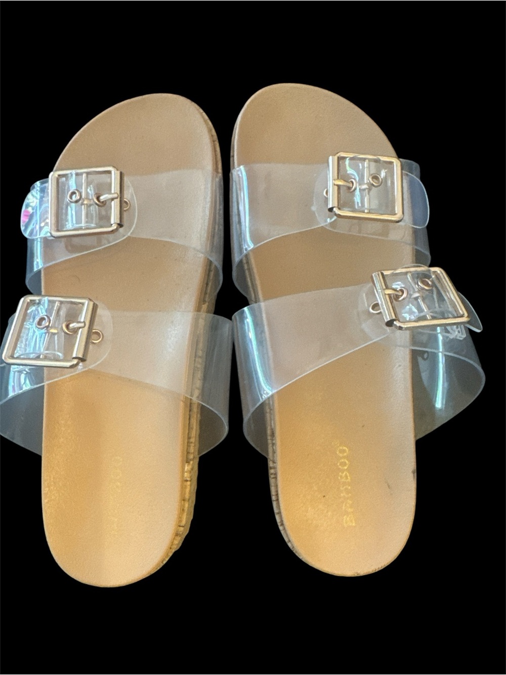 BAMBOO Clear Double-Buckle Slide Sandals with Tan Footbed